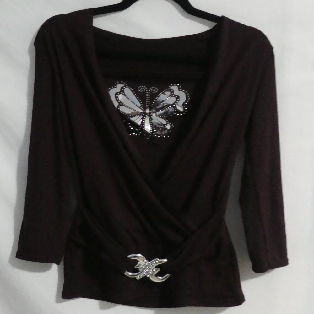 Burgundy Long Sleeve Top with Shiny Silver Butterfly Front and Belt Detail